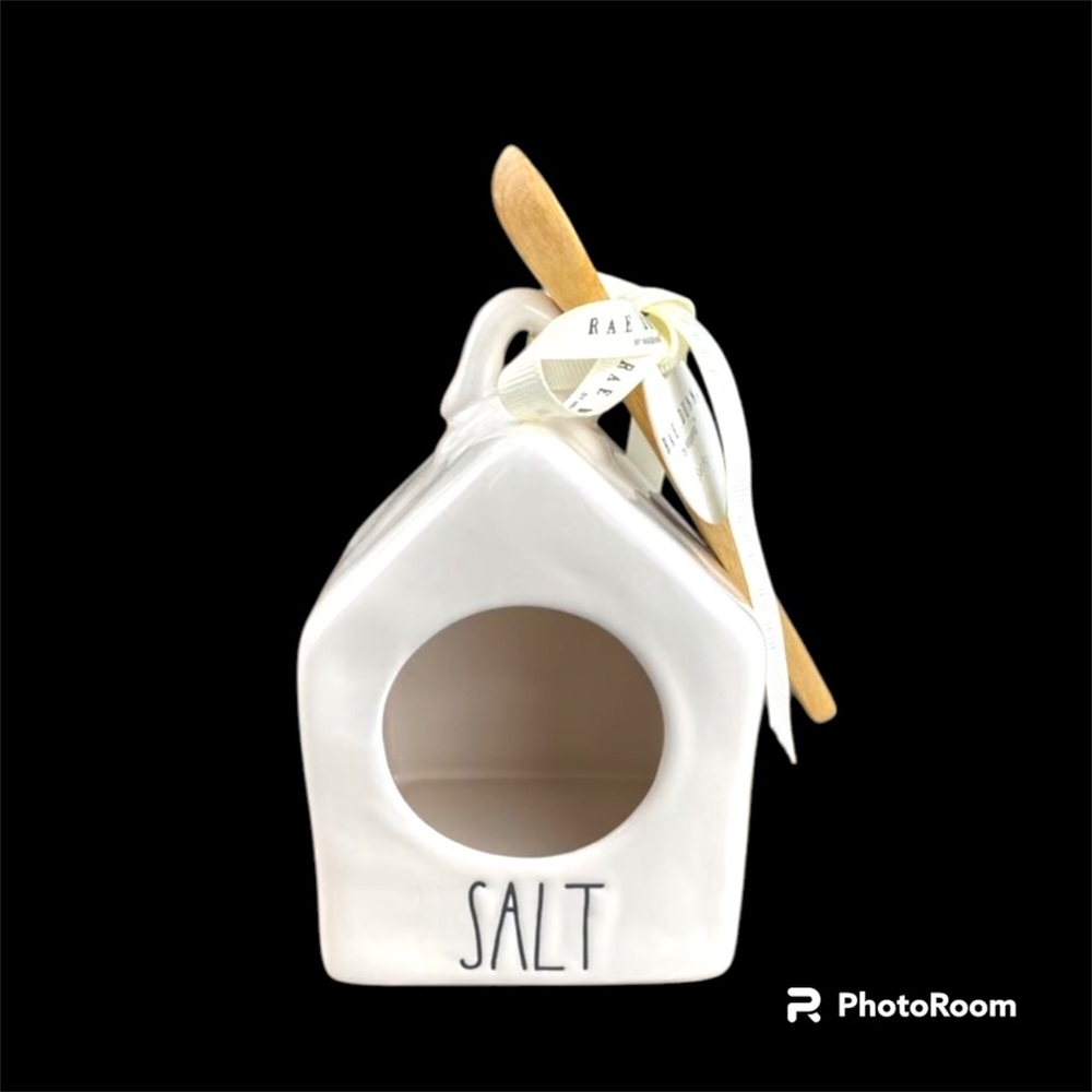 Rae Dunn White Salt Cellar with Wooden Spoon